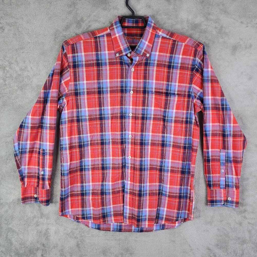 Men's Alan Flusser Red & Blue Plaid Shirt Button Down Long Sleeve Size L